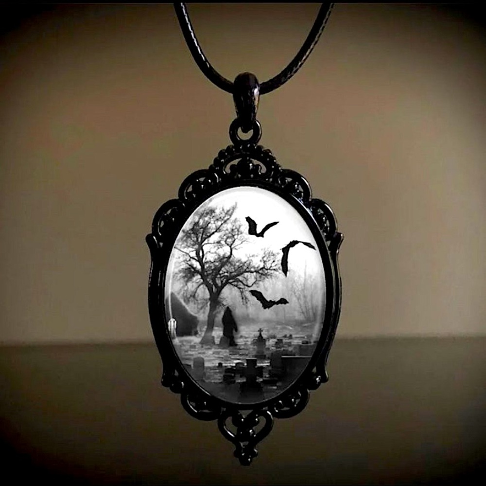 Necklace Haunted Spooky Grave yard Halloween Goth Horror Cameo Black Pendant New